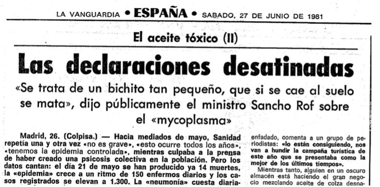 Sindrome toxico declaraciones ministro Declaraciones del Ministro en la intoxicación por aceite de colza